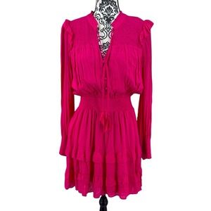 Allison New York Hot Pink Smocked Ruffle Mini Dress Women’s M – Boho Cottagecore